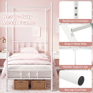 Twin Size Metal Canopy Bed Frame with Headboard and Footboard-White view 8