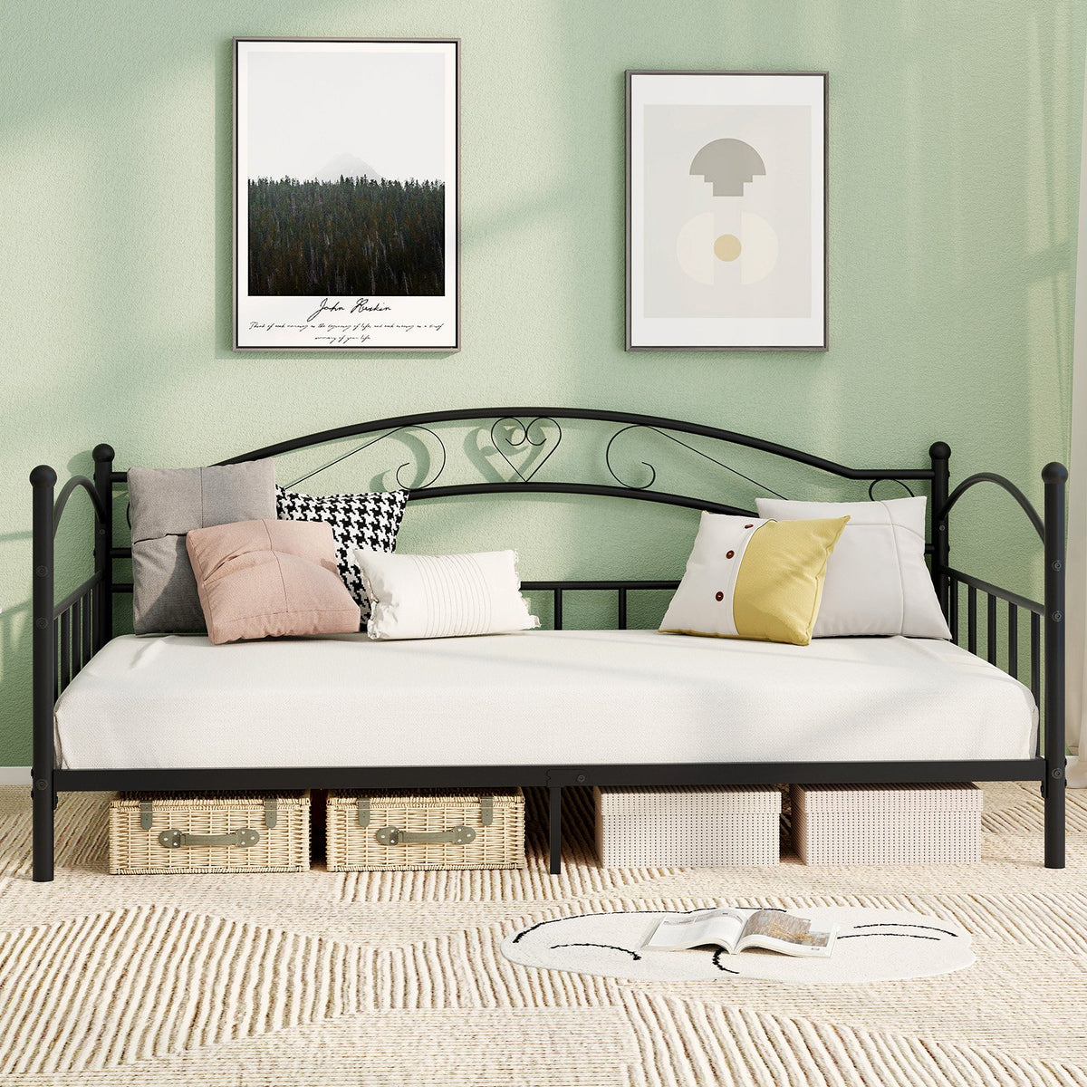 Twin Size Metal Daybed Frame with Headboard for Bedroom-Black view 3