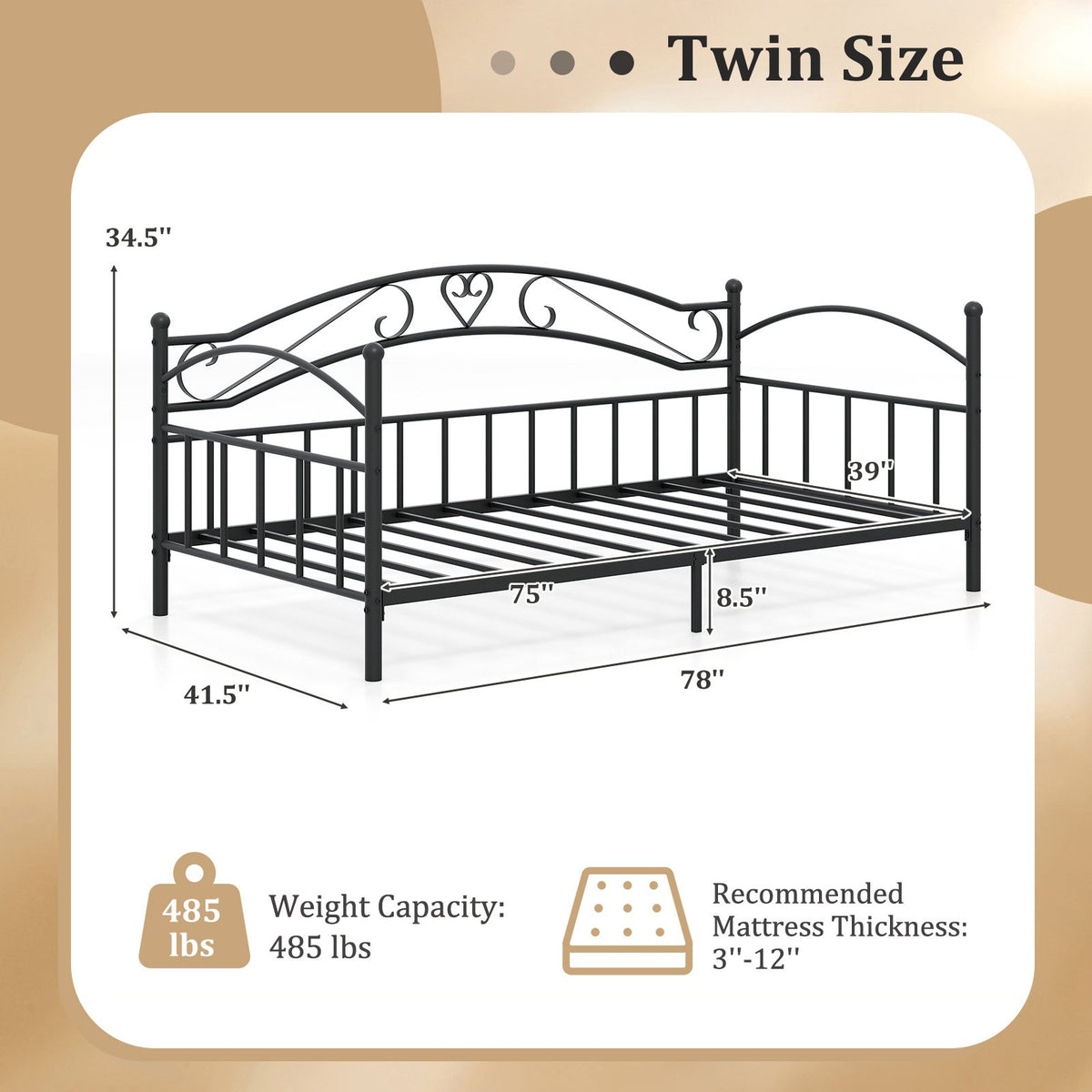 Twin Size Metal Daybed Frame with Headboard for Bedroom-Black view 4