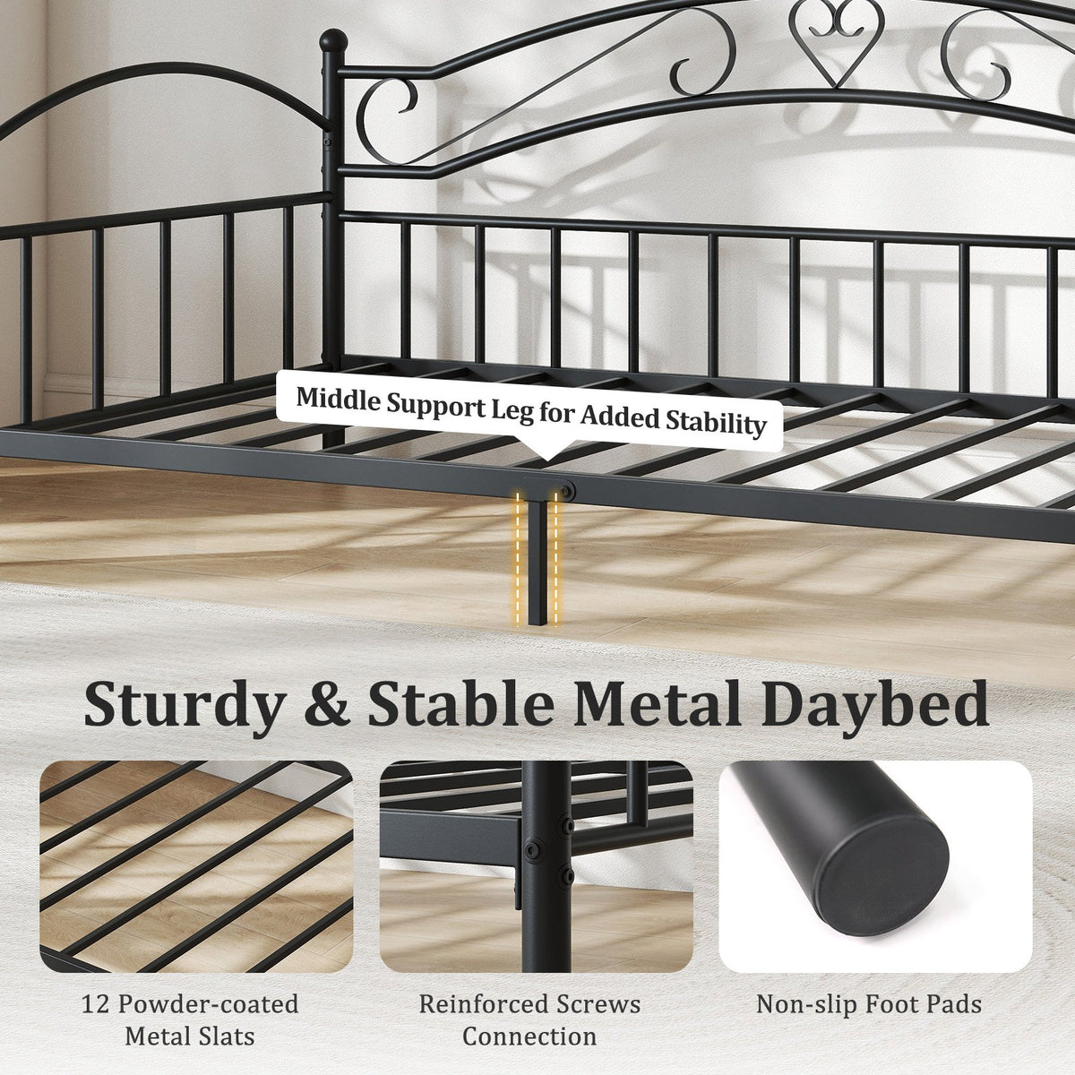Twin Size Metal Daybed Frame with Headboard for Bedroom-Black view 8