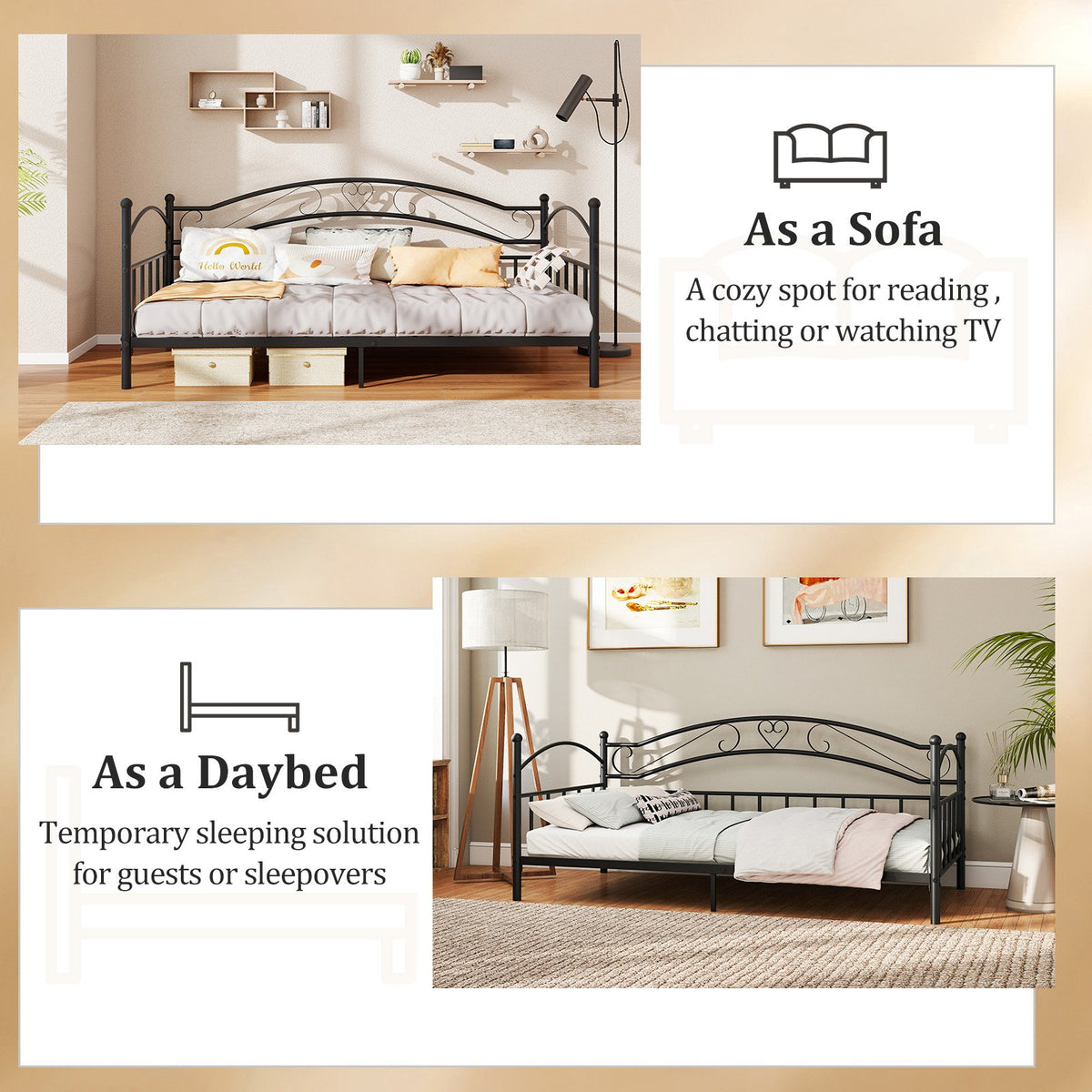 Twin Size Metal Daybed Frame with Headboard for Bedroom-Black view 9