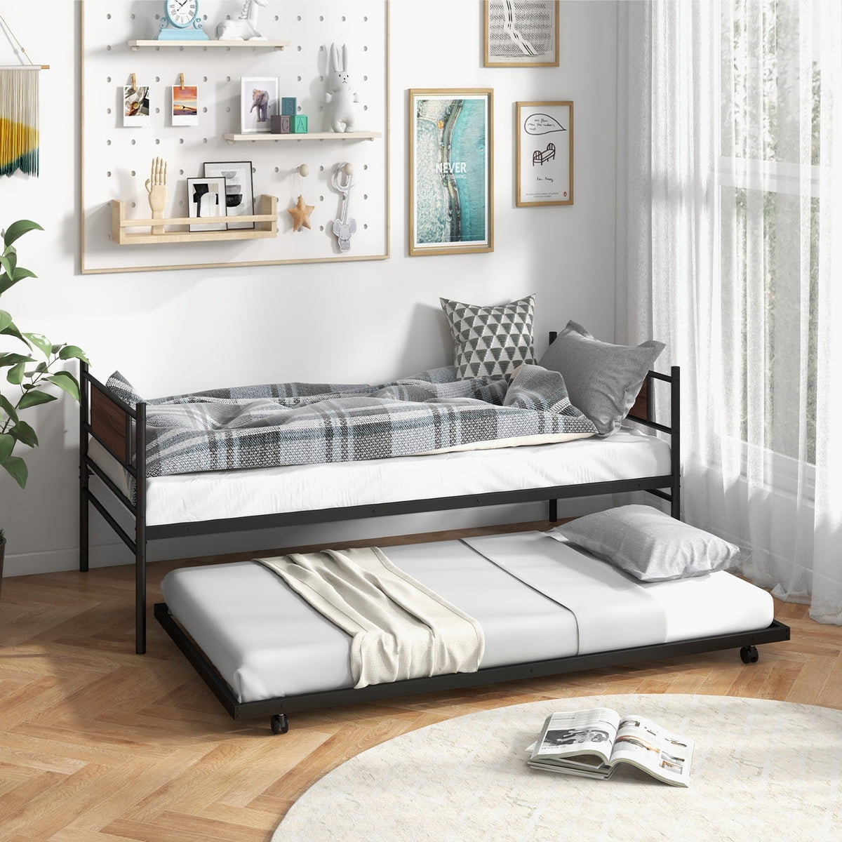 Twin Size Metal Daybed with Trundle and Wood Grain Headboard view 2
