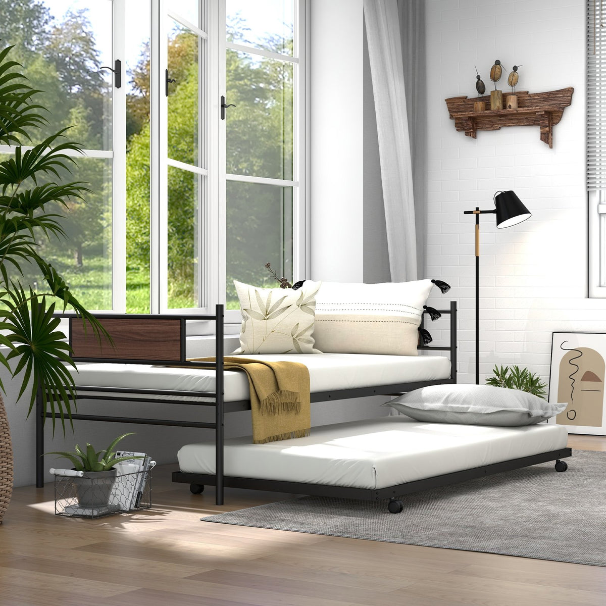 Twin Size Metal Daybed with Trundle and Wood Grain Headboard view 3