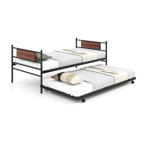 Twin Size Metal Daybed with Trundle and Wood Grain Headboard view 4