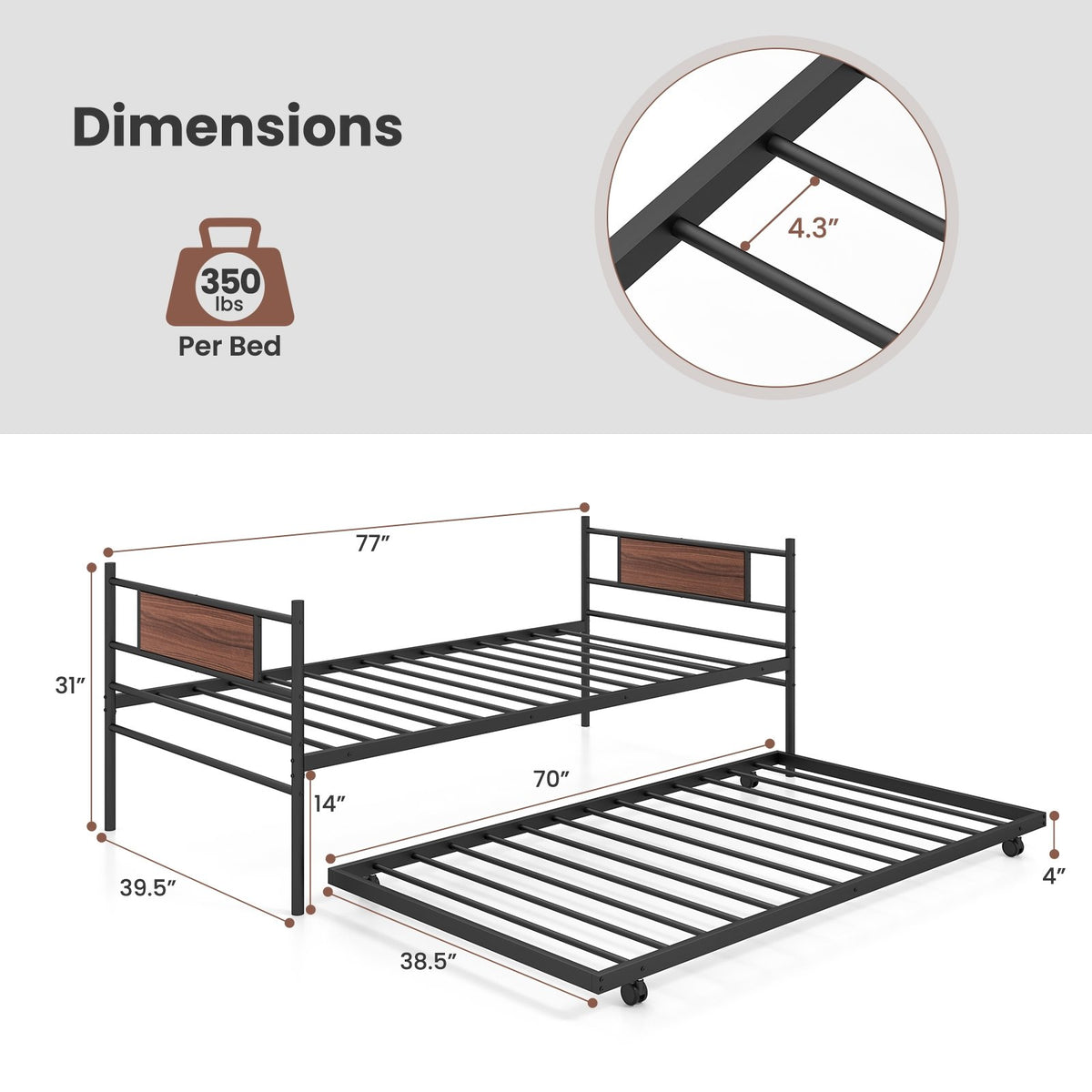 Twin Size Metal Daybed with Trundle and Wood Grain Headboard view 5