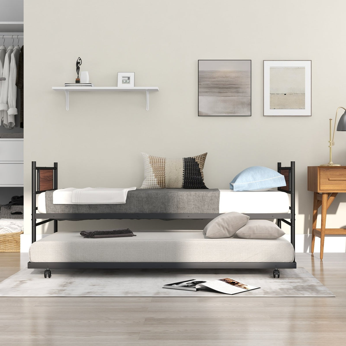 Twin Size Metal Daybed with Trundle and Wood Grain Headboard view 6