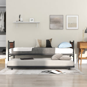 Twin Size Metal Daybed with Trundle and Wood Grain Headboard view 6