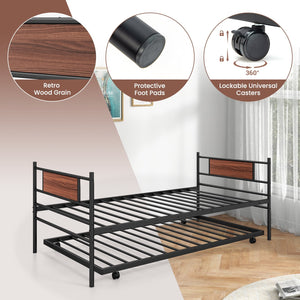 Twin Size Metal Daybed with Trundle and Wood Grain Headboard view 7