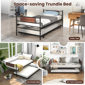 Twin Size Metal Daybed with Trundle and Wood Grain Headboard view 9