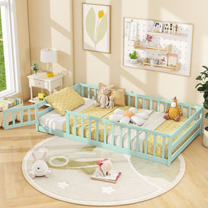 Twin Size Montessori Floor Bed Frame with Full Length Safety Guardrails-Green view 2
