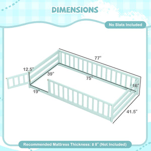 Twin Size Montessori Floor Bed Frame with Full Length Safety Guardrails-Green view 4