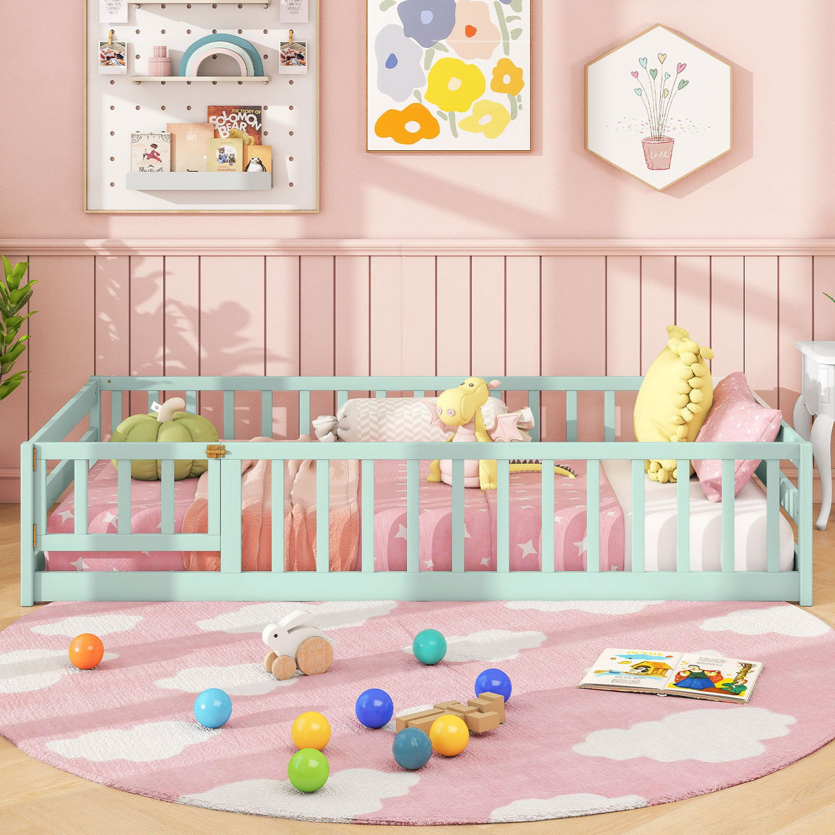 Twin Size Montessori Floor Bed Frame with Full Length Safety Guardrails-Green view 5