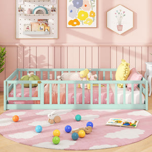 Twin Size Montessori Floor Bed Frame with Full Length Safety Guardrails-Green view 5