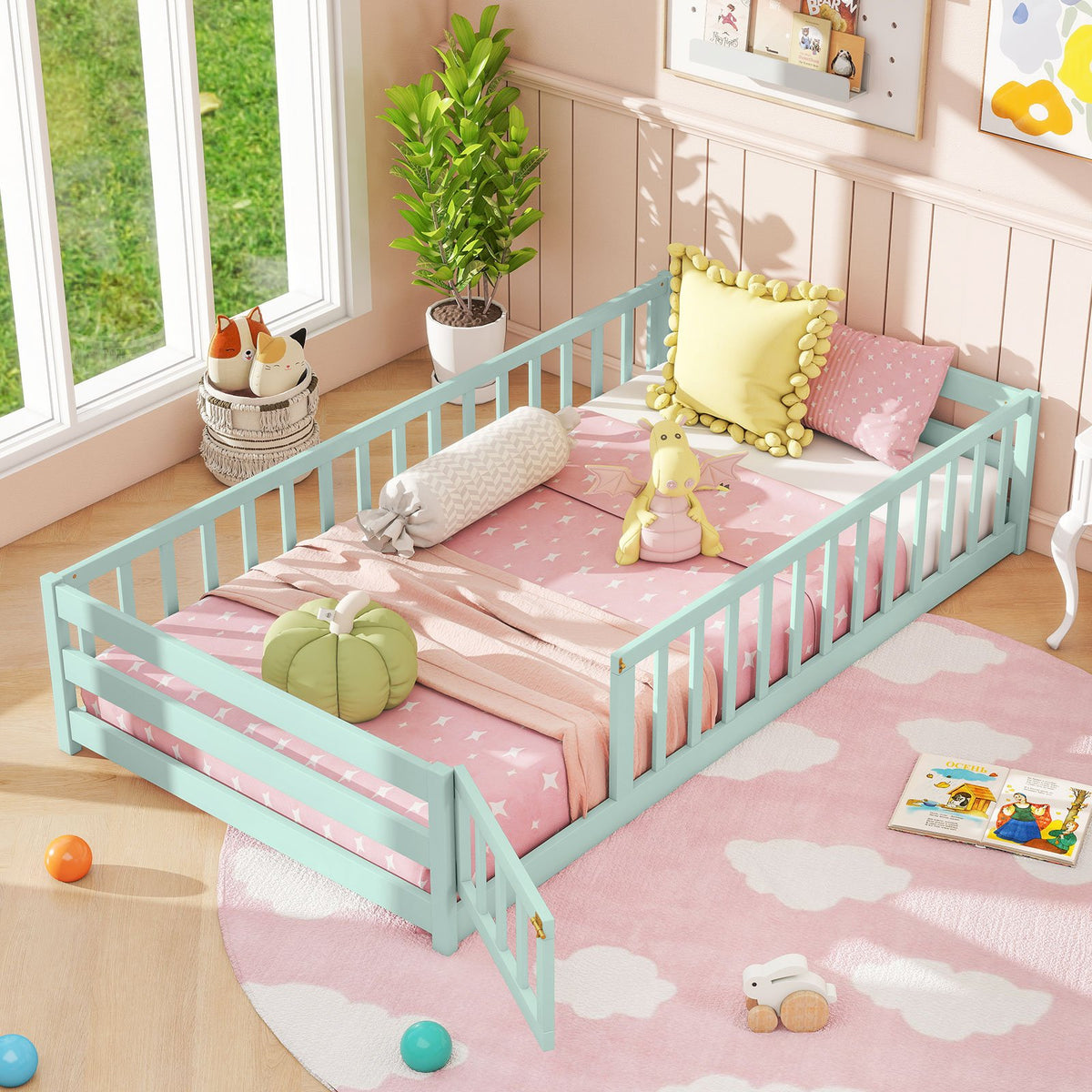 Twin Size Montessori Floor Bed Frame with Full Length Safety Guardrails-Green view 6