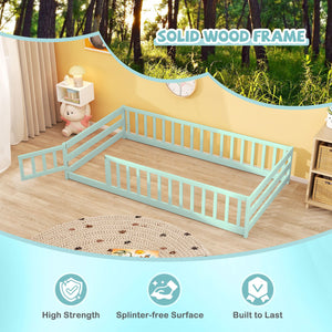 Twin Size Montessori Floor Bed Frame with Full Length Safety Guardrails-Green view 7