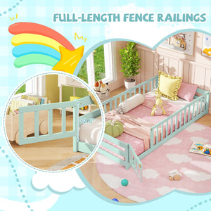 Twin Size Montessori Floor Bed Frame with Full Length Safety Guardrails-Green view 8