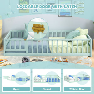 Twin Size Montessori Floor Bed Frame with Full Length Safety Guardrails-Green view 9