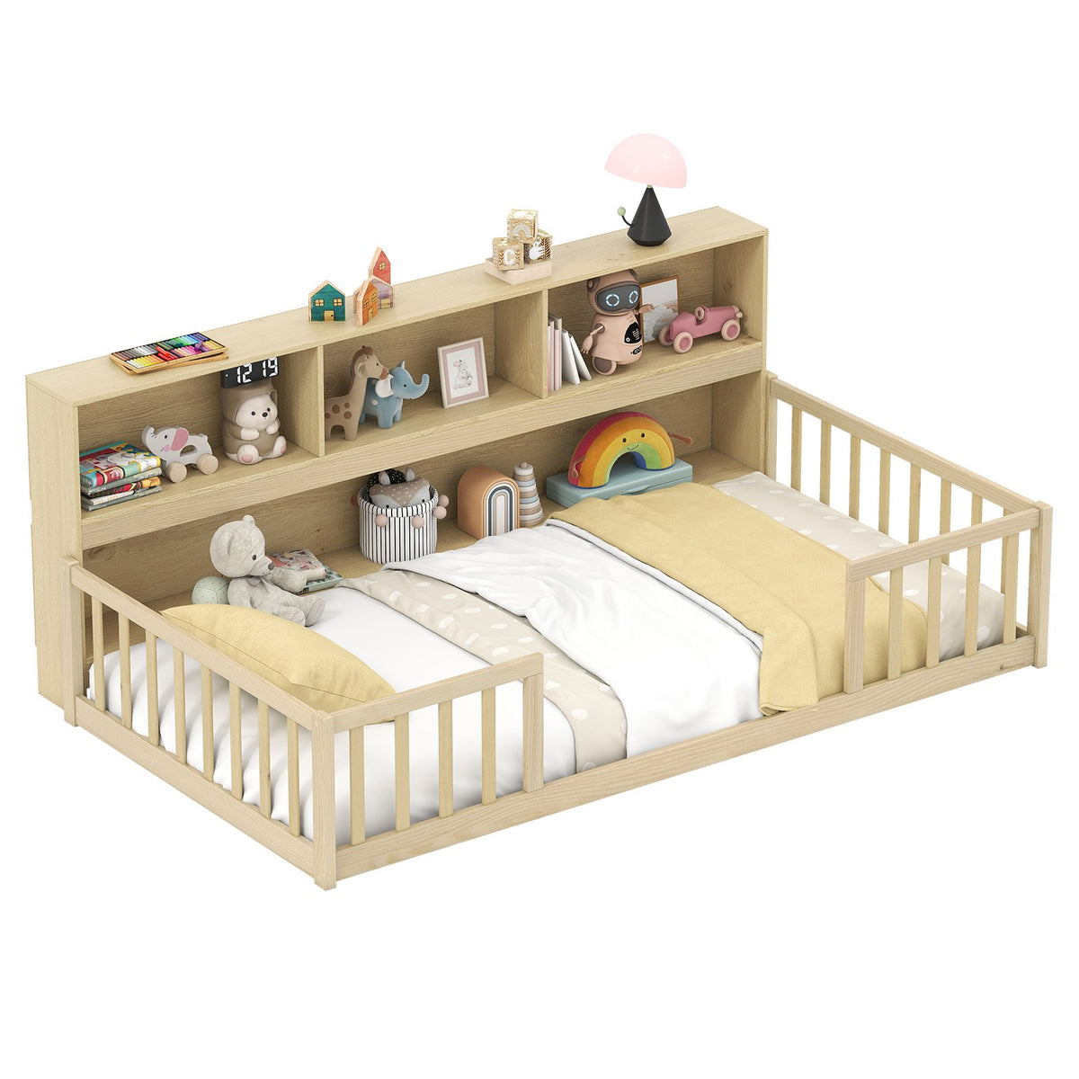 Twin Size Montessori Floor Bed with Bookcase-Natural