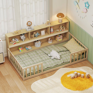 Twin Size Montessori Floor Bed with Bookcase-Natural view 2