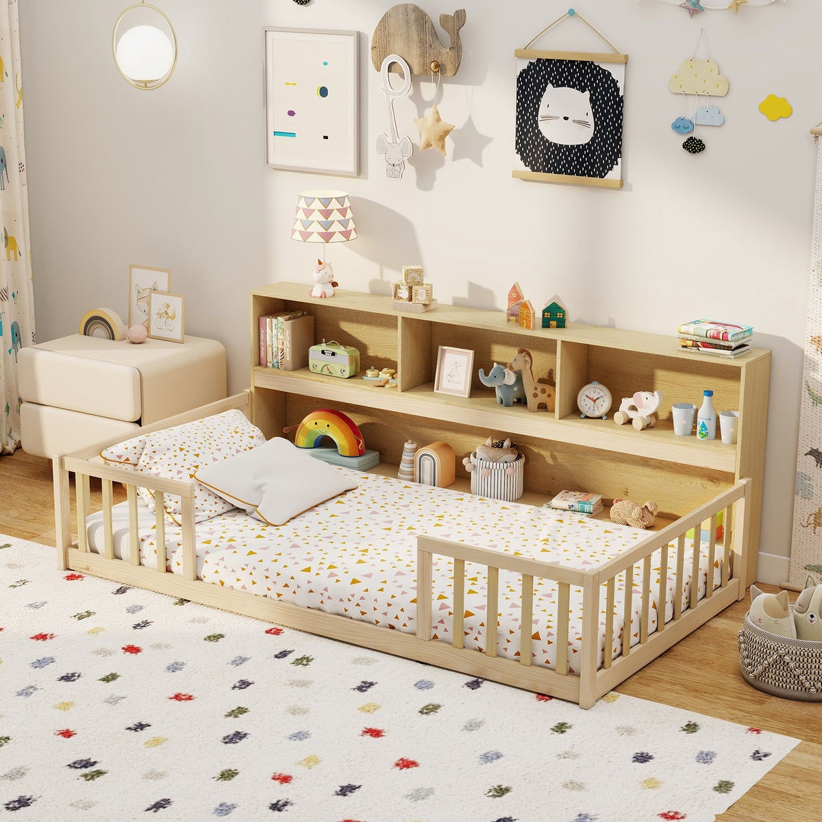 Twin Size Montessori Floor Bed with Bookcase-Natural view 3