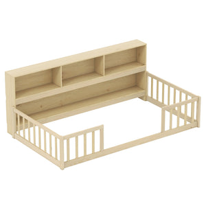 Twin Size Montessori Floor Bed with Bookcase-Natural view 4