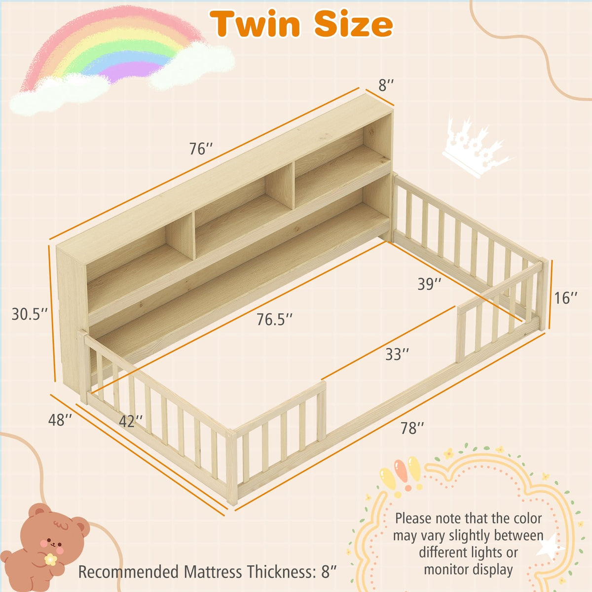 Twin Size Montessori Floor Bed with Bookcase-Natural view 5
