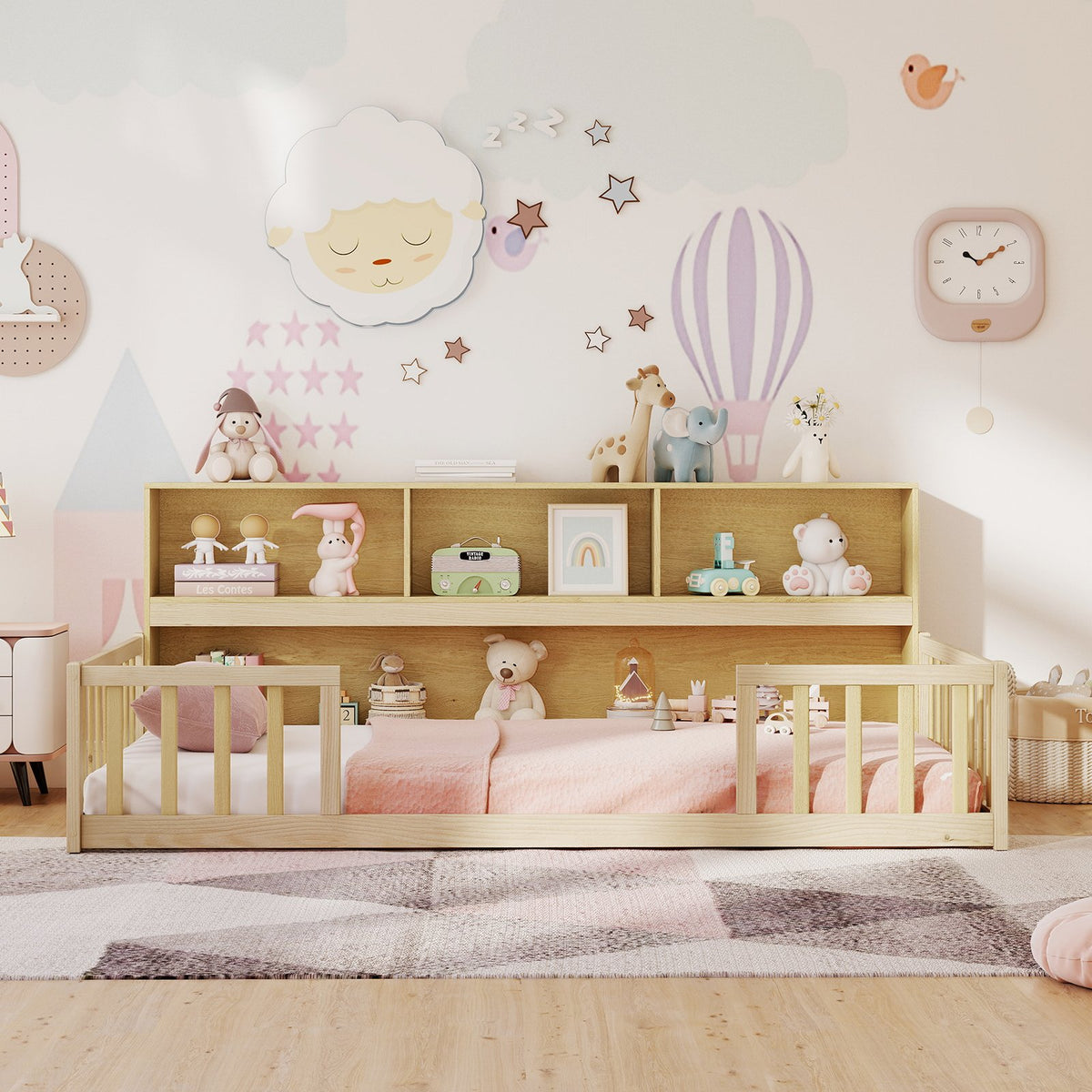 Twin Size Montessori Floor Bed with Bookcase-Natural view 6