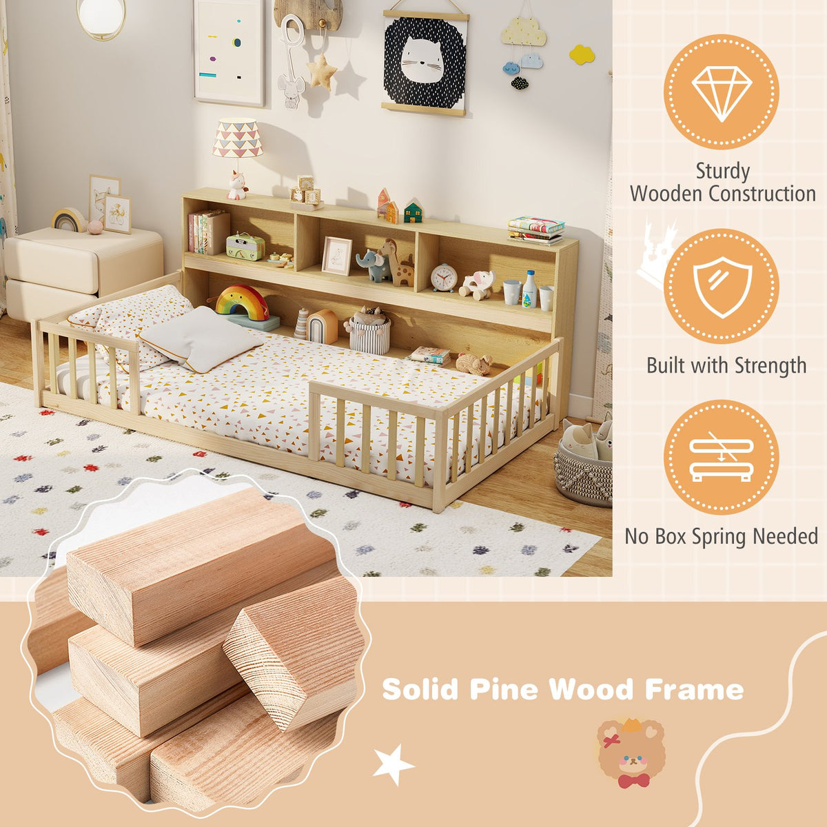 Twin Size Montessori Floor Bed with Bookcase-Natural view 7