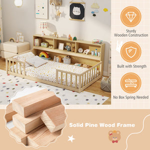 Twin Size Montessori Floor Bed with Bookcase-Natural view 7