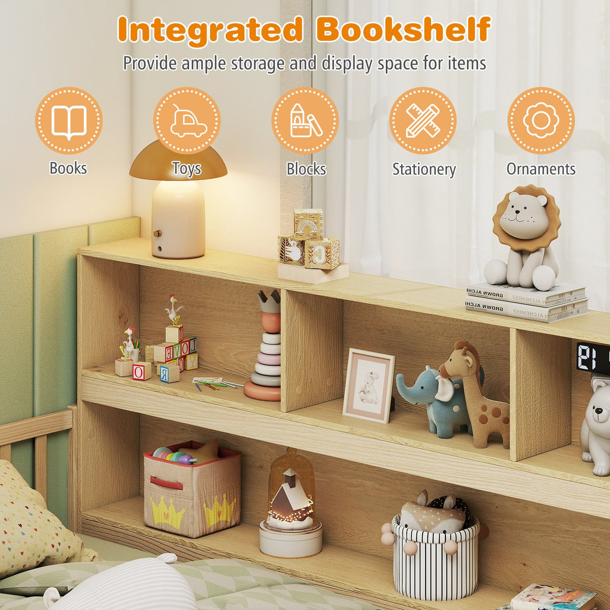Twin Size Montessori Floor Bed with Bookcase-Natural view 8
