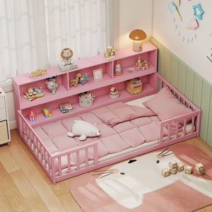 Twin Size Montessori Floor Bed with Bookcase-Pink view 2