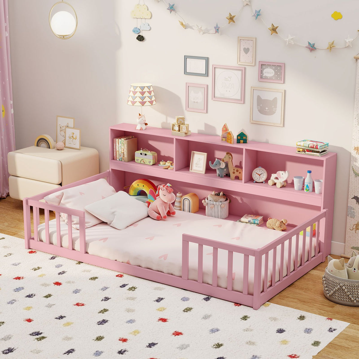 Twin Size Montessori Floor Bed with Bookcase-Pink view 3