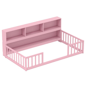 Twin Size Montessori Floor Bed with Bookcase-Pink view 4