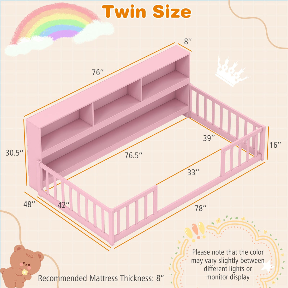 Twin Size Montessori Floor Bed with Bookcase-Pink view 5