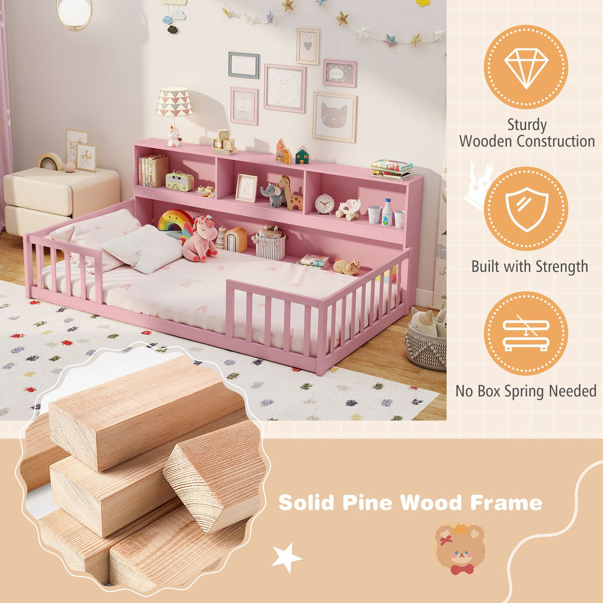 Twin Size Montessori Floor Bed with Bookcase-Pink view 7