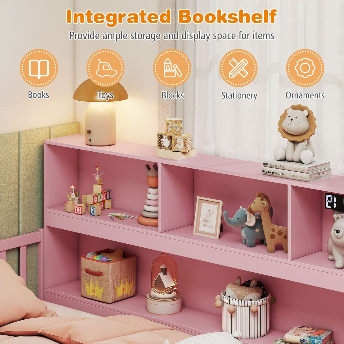 Twin Size Montessori Floor Bed with Bookcase-Pink view 8