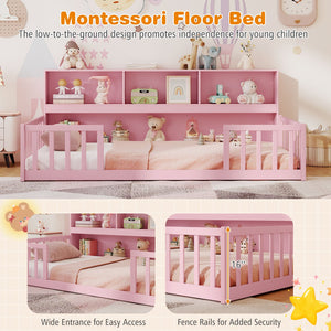Twin Size Montessori Floor Bed with Bookcase-Pink view 9