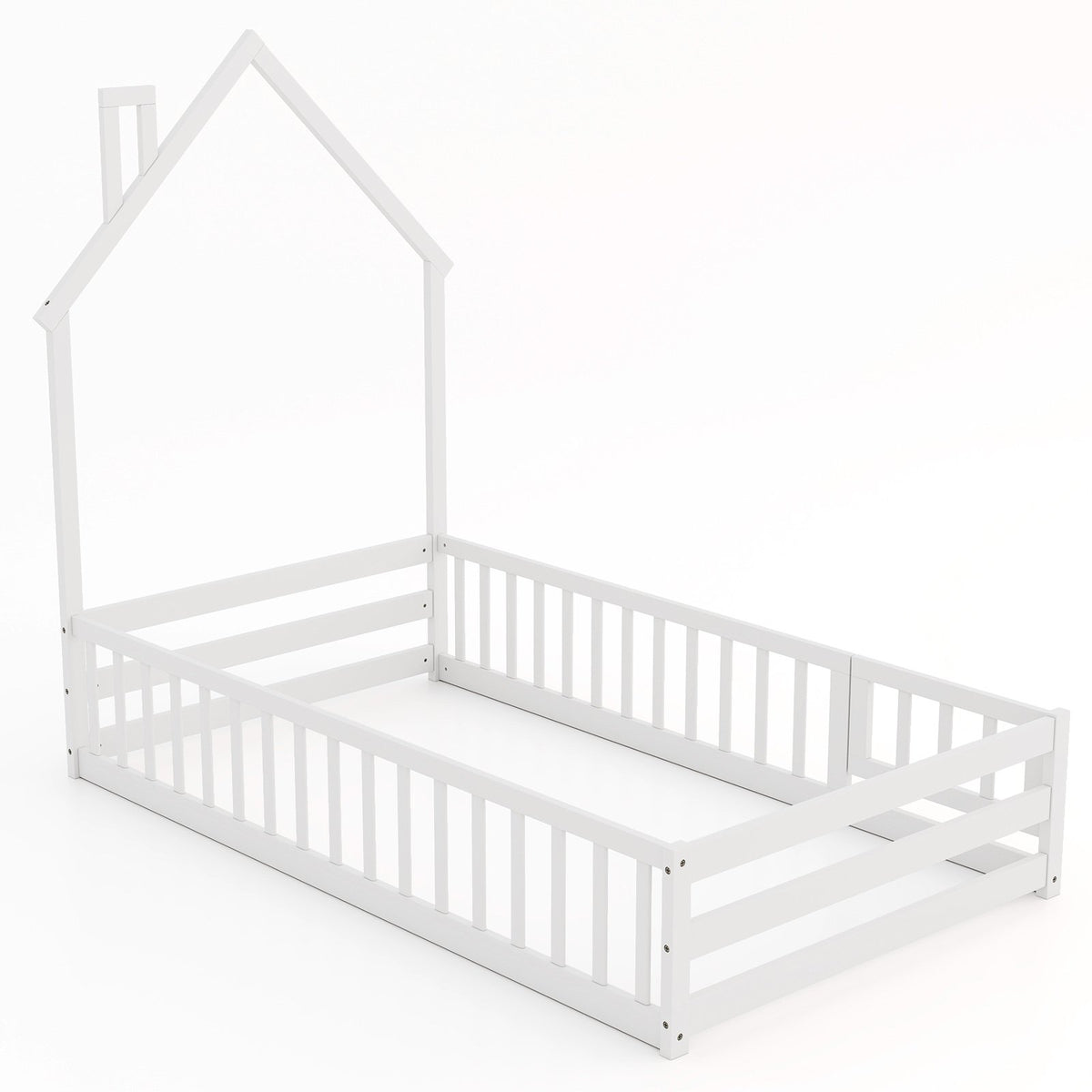 Twin Size Montessori Floor Bed with Lockable Door and Full-Length Guardrail-White