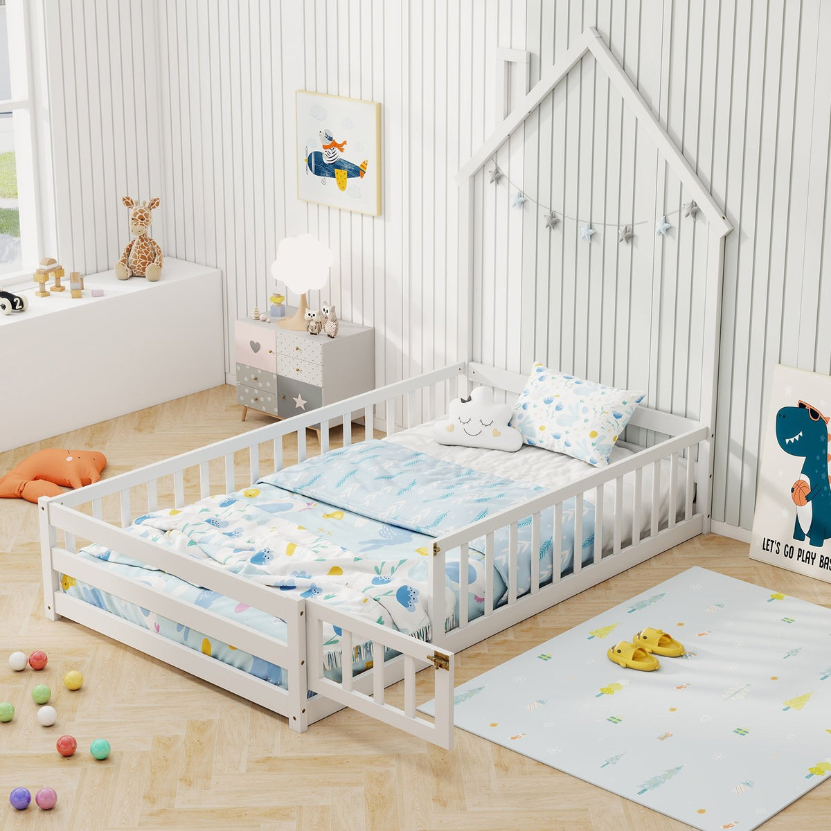 Twin Size Montessori Floor Bed with Lockable Door and Full-Length Guardrail-White view 2