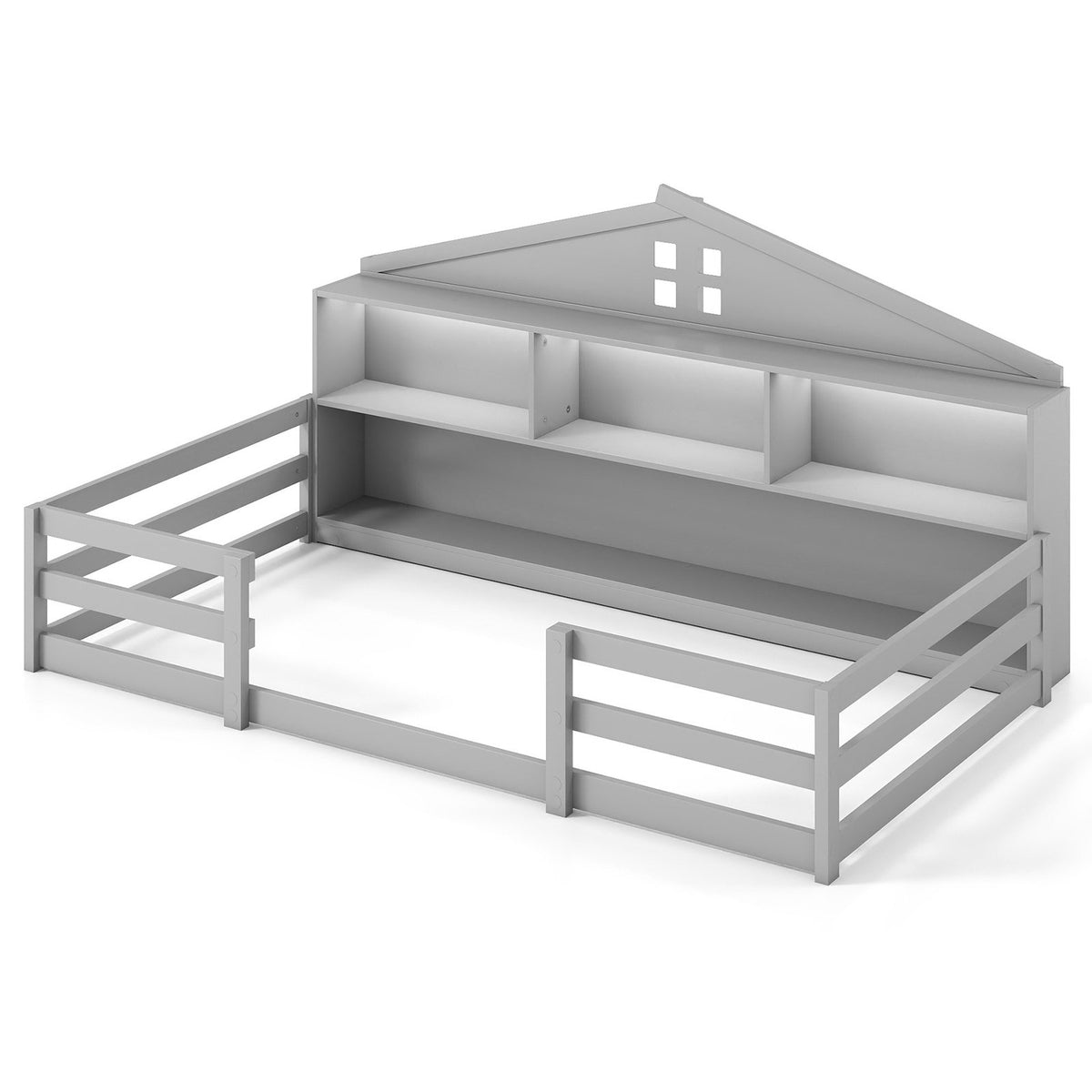 Twin Size Montessori Floor Bed with Storage Compartments and Shelf-Gray