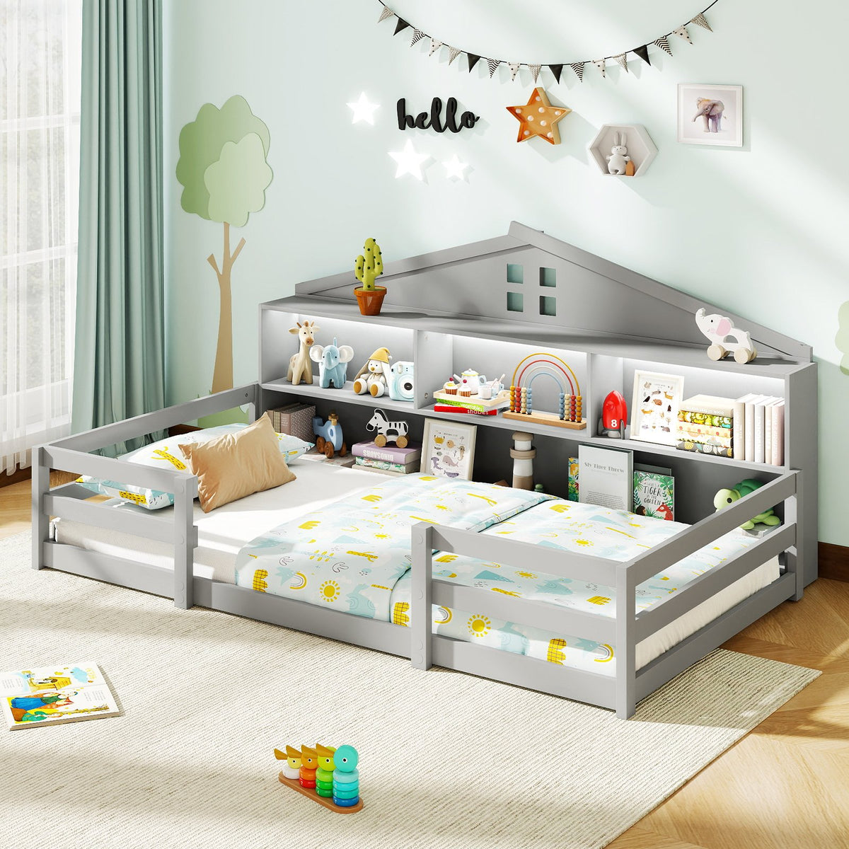 Twin Size Montessori Floor Bed with Storage Compartments and Shelf-Gray view 2