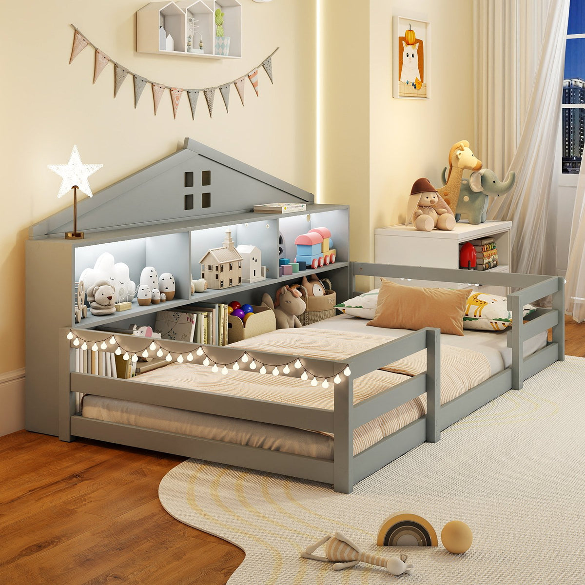 Twin Size Montessori Floor Bed with Storage Compartments and Shelf-Gray view 3