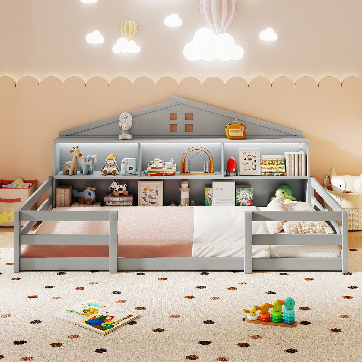 Twin Size Montessori Floor Bed with Storage Compartments and Shelf-Gray view 5
