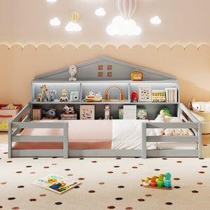 Twin Size Montessori Floor Bed with Storage Compartments and Shelf-Gray view 5