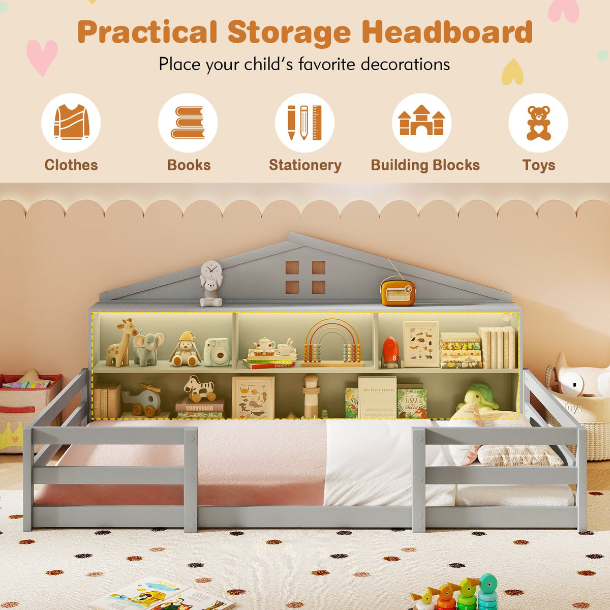 Twin Size Montessori Floor Bed with Storage Compartments and Shelf-Gray view 6