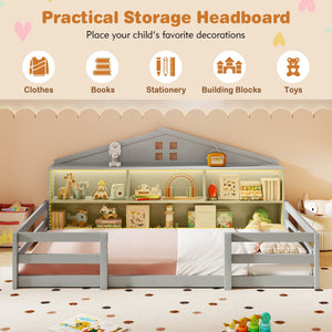 Twin Size Montessori Floor Bed with Storage Compartments and Shelf-Gray view 6