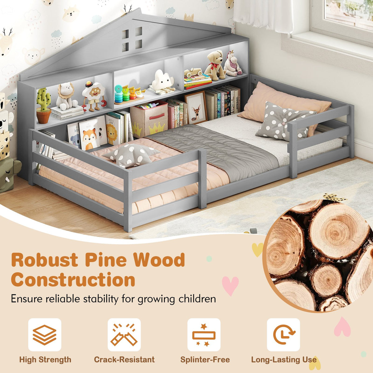 Twin Size Montessori Floor Bed with Storage Compartments and Shelf-Gray view 8