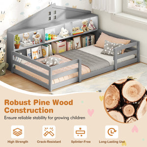 Twin Size Montessori Floor Bed with Storage Compartments and Shelf-Gray view 8