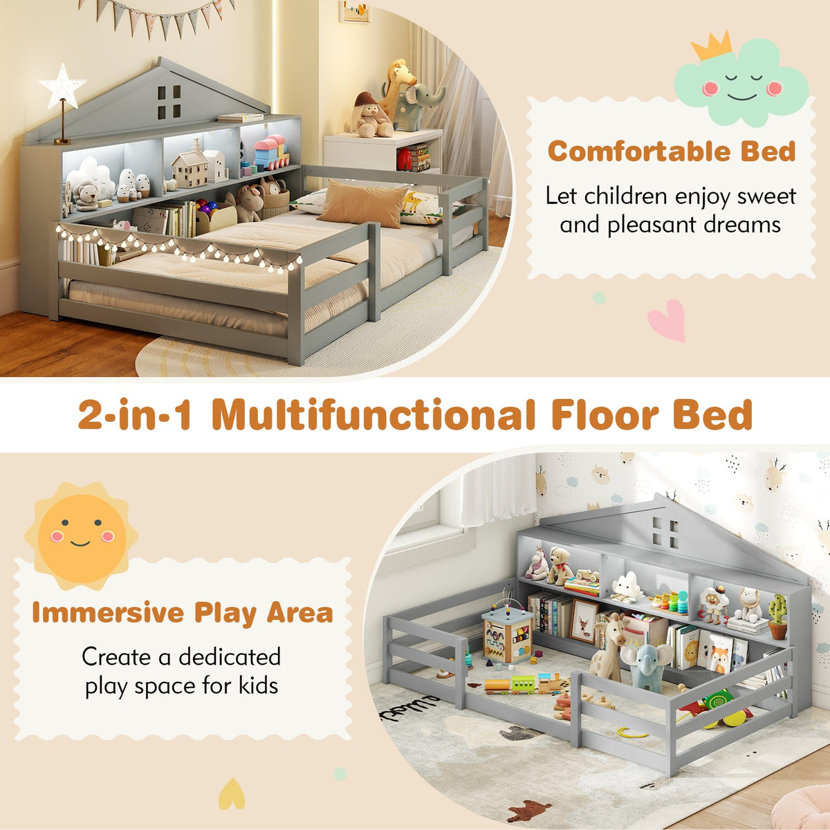 Twin Size Montessori Floor Bed with Storage Compartments and Shelf-Gray view 9