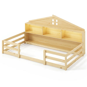 Twin Size Montessori Floor Bed with Storage Compartments and Shelf-Natural